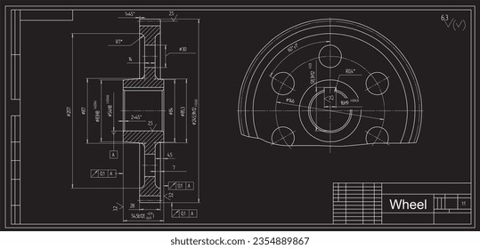 Dibujo de cad de ingeniería de vectores de una pieza mecánica (rueda de acero)
con agujeros.
Diseño de piezas de máquinas con ayuda de computadoras. Antecedentes técnicos de la cad.