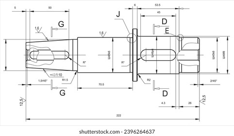 Vector engineering cad drawing of a mechanical part (steel shaft)
with through holes, dimensions.
Computer aided design of machine parts. Technical cad background.