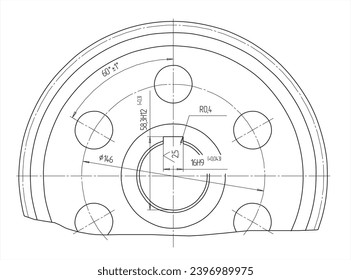 Vector engineering cad drawing of a mechanical part (steel wheel) with through holes. Computer aided design of machine parts. Technical cad background.