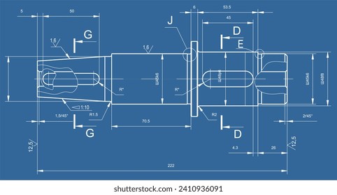 Zeichnung eines mechanischen Teils (Stahlwelle)
durch Löcher, Abmessungen.
Computergestützte Konstruktion von Maschinenteilen. Technischer Hintergrund.