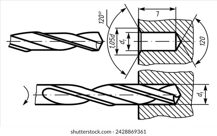 Dibujo de la tarjeta de ingeniería vectorial de una pieza mecánica 
(broca de acero). Diseño asistido por ordenador de piezas de la máquina 
con líneas de cota. Fondo técnico de la tarjeta.