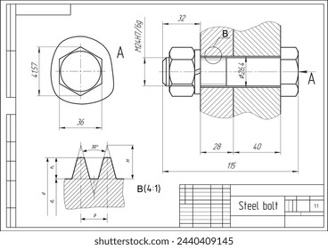 Vector engineering cad drawing of mechanical part (steel bolt)
with thread. Computer design of machine parts
with through holes, bolted connections 
wand dimension lines. Technical background.