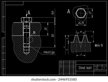 Vector engineering cad drawing of mechanical part (steel bolt)
with thread. Computer design of machine parts
with through hole, bolted connection 
wand dimension lines. Technical background.