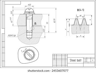 Vector engineering cad drawing of mechanical part (steel bolt)
with thread. Computer design of machine parts
with through hole, bolted connection 
wand dimension lines. Technical background. 