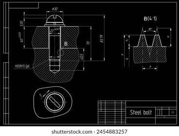 Vector engineering cad drawing of mechanical part (steel bolt)
with thread. Computer design of machine parts
with through hole, bolted connection 
and dimension lines. Technical background.