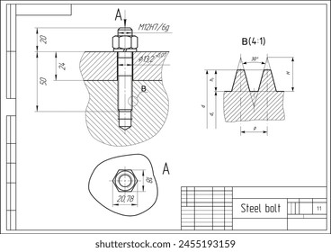 Vector engineering cad drawing of mechanical part (steel bolt)
with thread. Computer design of machine parts
with through hole, bolted connection 
and dimension lines. Technical background.