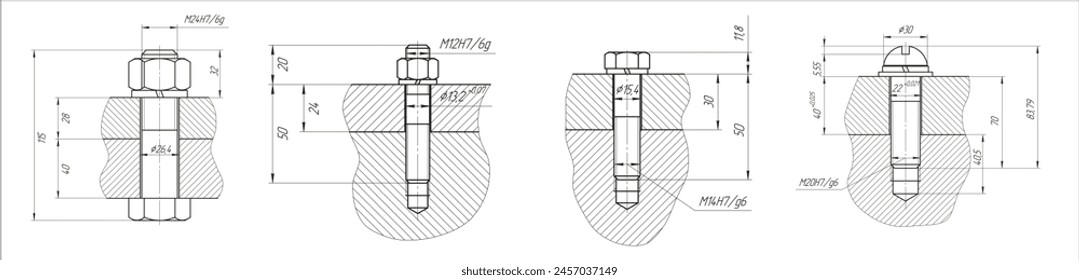 dibujo de la cad de ingeniería de Vector de la parte mecánica (perno de acero)
con hilo. Diseño informático de piezas de máquinas
con orificio pasante, conexión atornillada 
y líneas de cota. Formación técnica.