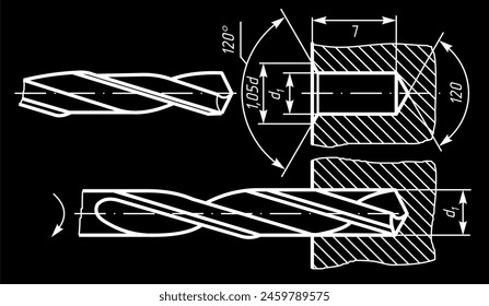 Vector engineering cad drawing of a mechanical part 
(steel drill bit). Computer aided design of machine parts 
with dimension lines. Technical cad background.