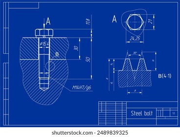 Vector engineering cad drawing of mechanical part (steel bolt)
with thread. Computer design of machine parts
with through hole, bolted connection 
and dimension lines. Technical background.