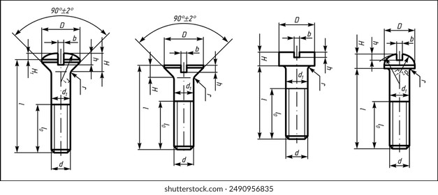 Vector engineering cad drawing of a mechanical part (steel bolt)
with thread. Computer aided design of machine parts 
with dimension lines. Technical cad background. Template of screw.