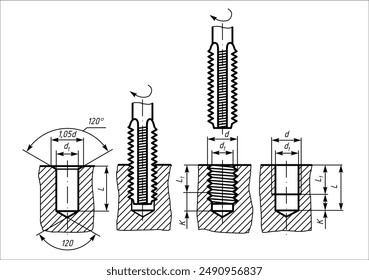 Vector engineering cad drawing of a mechanical part (steel bolt)
with thread. Computer aided design of machine parts 
with dimension lines. Technical cad background. Template of screw.