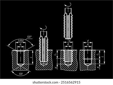 Desenho de placa de engenharia vetorial de uma parte mecânica (parafuso de aço)
com thread. Desenho assistido por computador de peças de máquinas 
com linhas de dimensão. 
Plano de fundo técnico do cartão. Modelo de parafuso.
