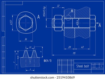 Vector engineering cad drawing of mechanical part (steel bolt)
with thread. Computer design of machine parts
with through hole, bolted connection 
and dimension lines. Technical background.