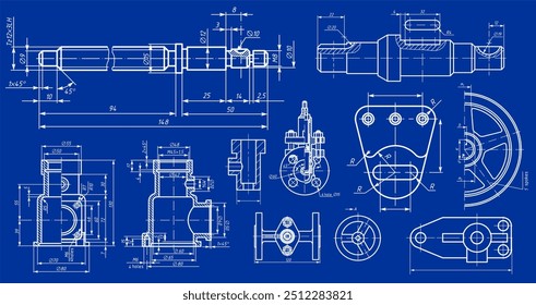 Dibujo de computadora de ingeniería de Vector de acero mecánico 
Piezas con orificios pasantes. 
Esquema de tarjeta de Industrial en hoja de papel blanco. Tecnología de fondo. Diseño de tarjeta. 