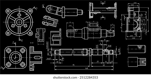 Dibujo de computadora de ingeniería de Vector de acero mecánico 
Piezas con orificios pasantes. 
Esquema de tarjeta de Industrial en hoja de papel blanco. Tecnología de fondo. Diseño de tarjeta. 