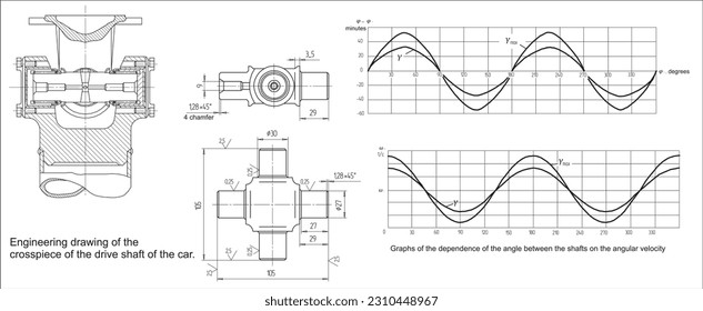 Vector engineering drawing of the crosspiece of 
the drive shaft of the car.
Graphs of the dependence of the angle between the shafts
on the angular velocity.
Cad scheme. Design documentation.