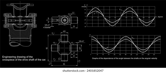 Vector engineering drawing of the crosspiece of 
the drive shaft of the car.
Graphs of the dependence of the angle between the shafts
on the angular velocity.
Cad scheme. Design documentation.