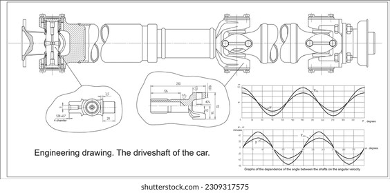 Vector engineering drawing of a driveshaft with
graphs of the dependence of the angle between the shafts
on the angular velocity.
Cad scheme. Mechanical background. Design documentation.