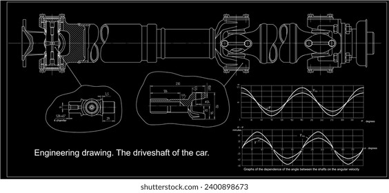 Vector engineering drawing of a driveshaft with
graphs of the dependence of the angle between the shafts
on the angular velocity.
Cad scheme. Mechanical background. Design documentation.