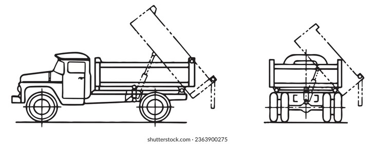 Vector engineering drawing of a dump truck. Cad diagram of the vehicle. Mechanical background. Technical project documentation.