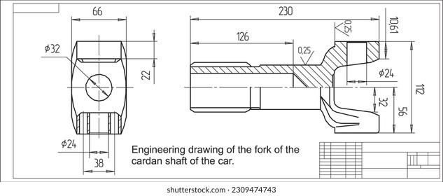 Vector engineering drawing of the fork of the 
cardan shaft of the car. 
Cad scheme. Design documentation.
Mechanical background.