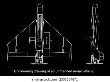 Dibujo de ingeniería de Vector de un Aéreas militar no tripulado 
vehículo (dron). Vista general de un bombardero de combate de avión de guerra. 
Vista superior y lateral. Esquema de tarjeta.