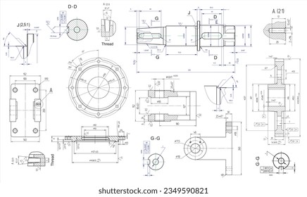 Vector engineering drawing of a steel mechanical parts with through holes.
Industrial cad scheme on white paper sheets. Technology background.