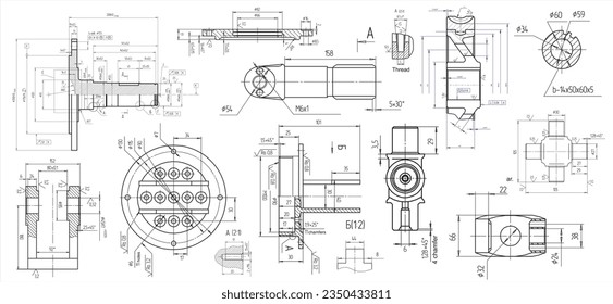 Vector engineering drawing of a steel mechanical parts with through holes.
Industrial cad scheme on white paper sheets. Technology background.