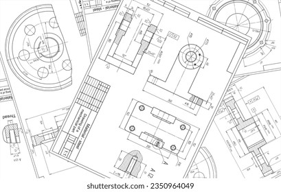 Vector engineering drawing of a steel mechanical parts with through holes. Industrial cad scheme on white paper sheets. Technology background.