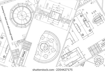 Vector engineering drawing of a steel mechanical parts with through holes. Industrial cad scheme on white paper sheets. Technology background.