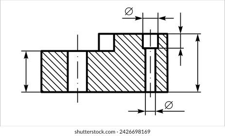 Vector engineering drawing of steel mechanical parts 
with through holes and dimension lines. Industrial 
cad scheme on white paper sheet. Technology background.