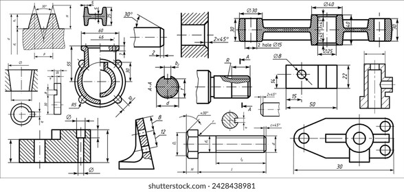 Vector engineering drawing of steel mechanical parts 
with through holes and dimension lines. Industrial 
cad scheme on white paper sheet. Technology background.