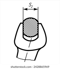 Vector engineering drawing of steel mechanical part (wrench) with dimension lines. Industrial cad scheme on white paper sheet. Technology background.