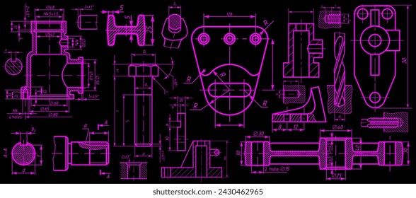 Vector engineering drawing of steel mechanical parts 
with through holes and dimension lines. Industrial 
cad scheme on paper sheet. Technology background.