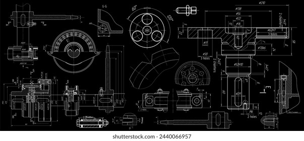 Vector engineering drawing of steel mechanical parts 
with through holes and dimension lines. Industrial 
cad scheme on paper sheet. Technology background.