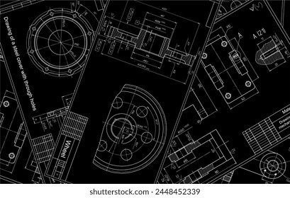 Dibujo de ingeniería de Vector de piezas mecánicas de acero con orificios pasantes.
esquema de tarjeta de Industrial. Fondo de Tecnología.
