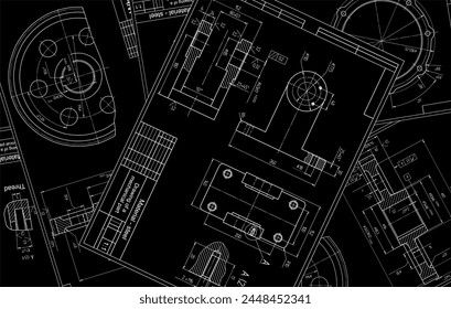 Vector engineering drawing of a steel mechanical parts with through holes.
Industrial cad scheme. Technology background.