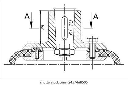 Vector engineering drawing of steel mechanical part with through holes, bolt connection and dimension lines. Industrial cad scheme on white paper sheet. Technology background.