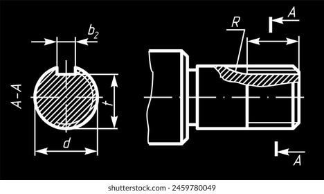 Vector engineering drawing of steel mechanical part 
with thread and dimension lines. Industrial 
cad scheme on paper sheet. Technology background.
