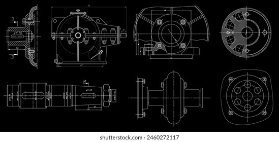 Vector engineering drawing of steel mechanical parts 
with through holes and dimension lines. Industrial 
cad scheme on paper sheet. Technology background.