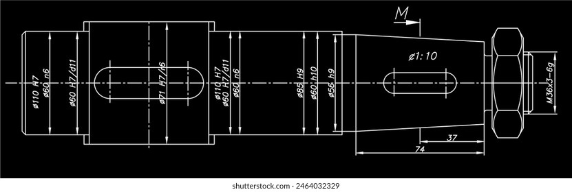 Vector engineering drawing of steel mechanical part 
with through holes, bolt connection and dimension lines. 
Industrial technical
cad scheme on paper sheet. Technology background
with drive shaft.