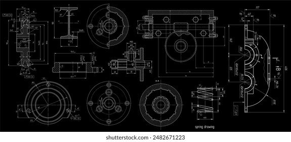 Vector engineering drawing of steel mechanical 
parts with through holes. 
Industrial cad scheme on white paper sheets. Technology background.