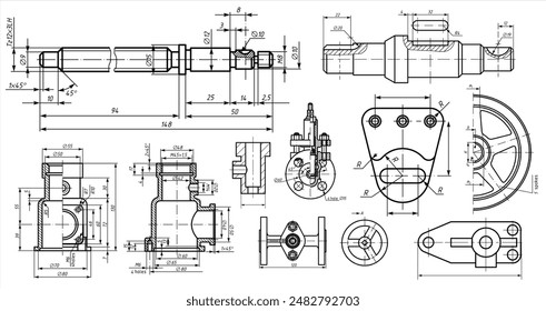 
Dibujo de ingeniería de Vector de piezas mecánicas de acero con orificios pasantes. 
 Esquema de tarjeta de Industrial en hojas de papel blanco.  Fondo de Tecnología.