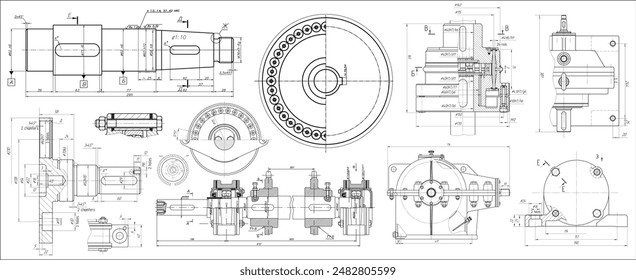 Vector engineering drawing of steel mechanical parts 
with through holes and dimension lines. Industrial 
cad scheme on paper sheet. Technology background.
