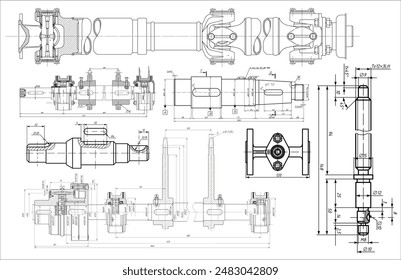 Dibujo de ingeniería de Vector de piezas mecánicas de acero
(eje, palier) 
con líneas de cota. Industrial 
esquema cad en hoja de papel. Fondo de Tecnología.
Juego de eje.