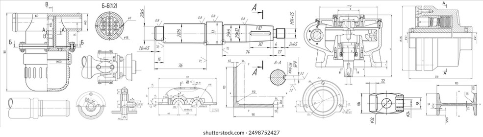 Vektorgrafik von mechanischen Stahlteilen 
mit Durchgangsbohrungen und Maßlinien. Industrie 
Kartenschema auf Papierbogen. Technologischer Hintergrund.