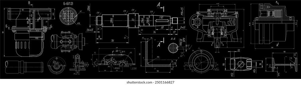 Dibujo de ingeniería de Vector de piezas mecánicas de acero 
con orificios pasantes y líneas de dimensión. Industrial 
Esquema de tarjeta en hoja de papel. Tecnología de fondo.