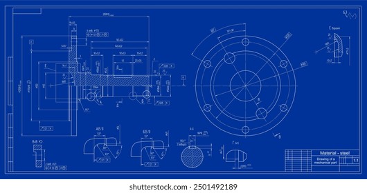 Vector engineering drawing of steel mechanical part 
with through holes and dimension lines. Technology cad scheme. Metal shaft.