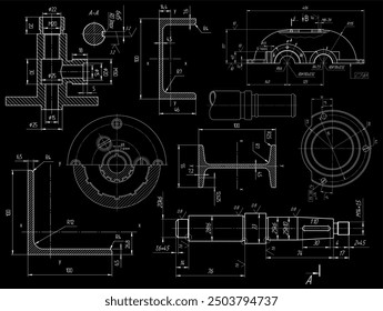 Vektorgrafik von mechanischen Stahlteilen 
mit Durchgangsbohrungen und Maßlinien. Industrie 
Kartenschema auf Papierbogen. Technologischer Hintergrund.