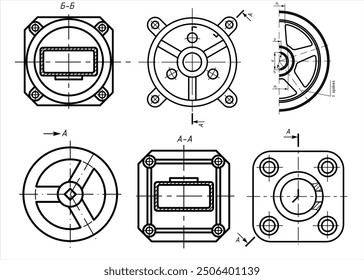 Vector engineering drawing of steel mechanical 
parts with through holes. 
Industrial cad scheme on white paper sheet.  Technology background.